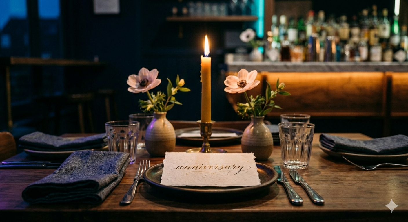A table set with a lit candle, anemones in bud vases, and a handwritten 'anniversary' card on the plate.