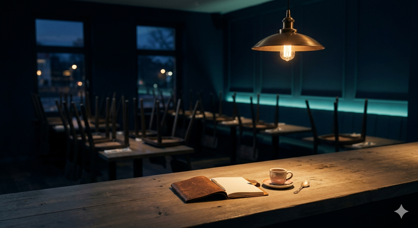 An empty dining room at the quiet hour — chairs inverted on tables, a single pendant lit over the bar, a notebook and espresso waiting.