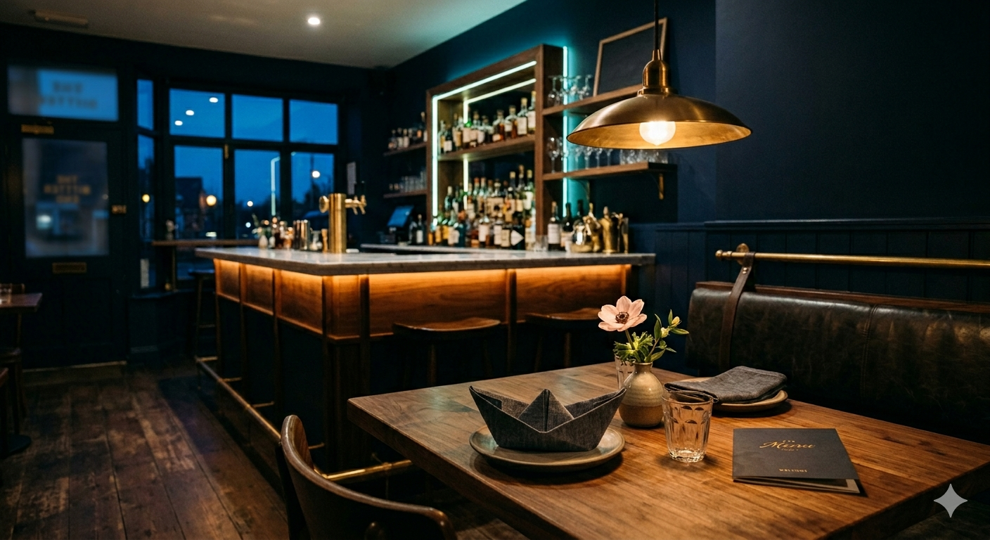 A warm, independent cocktail bar at dusk — brass pendant, teal-backlit bottles, a single cocktail table set and waiting.