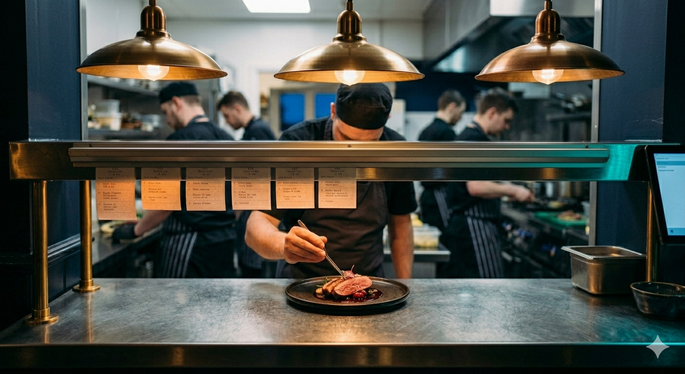 A chef at the pass plating a finished dish, ticket rail full above, brigade working the line behind, three brass pendants casting warm light.
