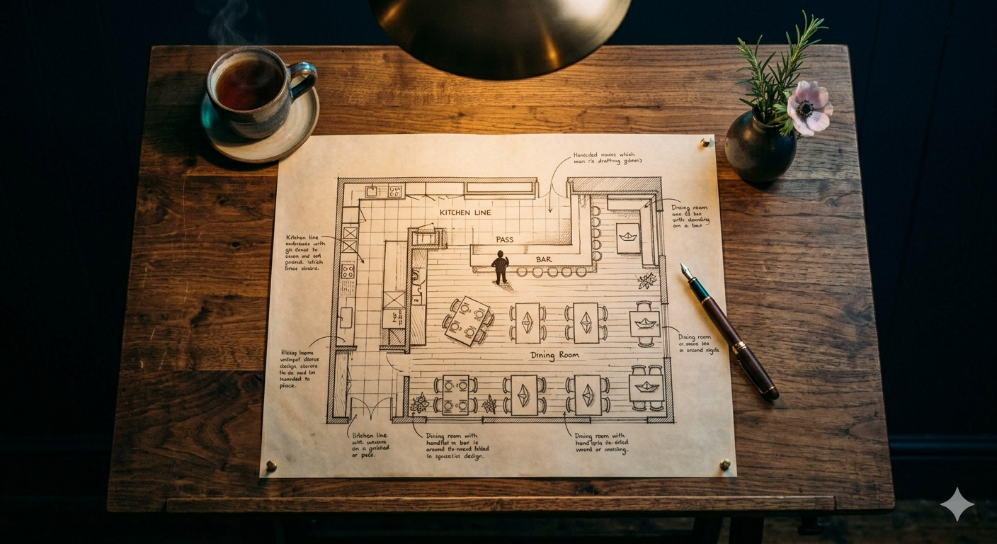 An architect's drafting table with a hand-drawn restaurant floor plan on vellum, annotations in the margins, a fountain pen and a cup of tea.