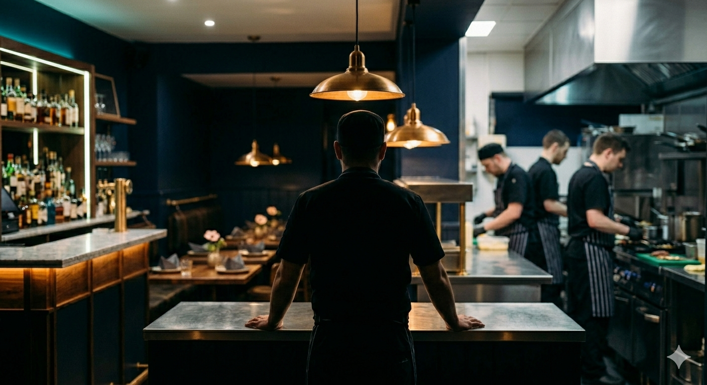 The owner at the pass — back to camera, hands on the steel, bar on one side, brigade on the other, the whole room in front of them.
